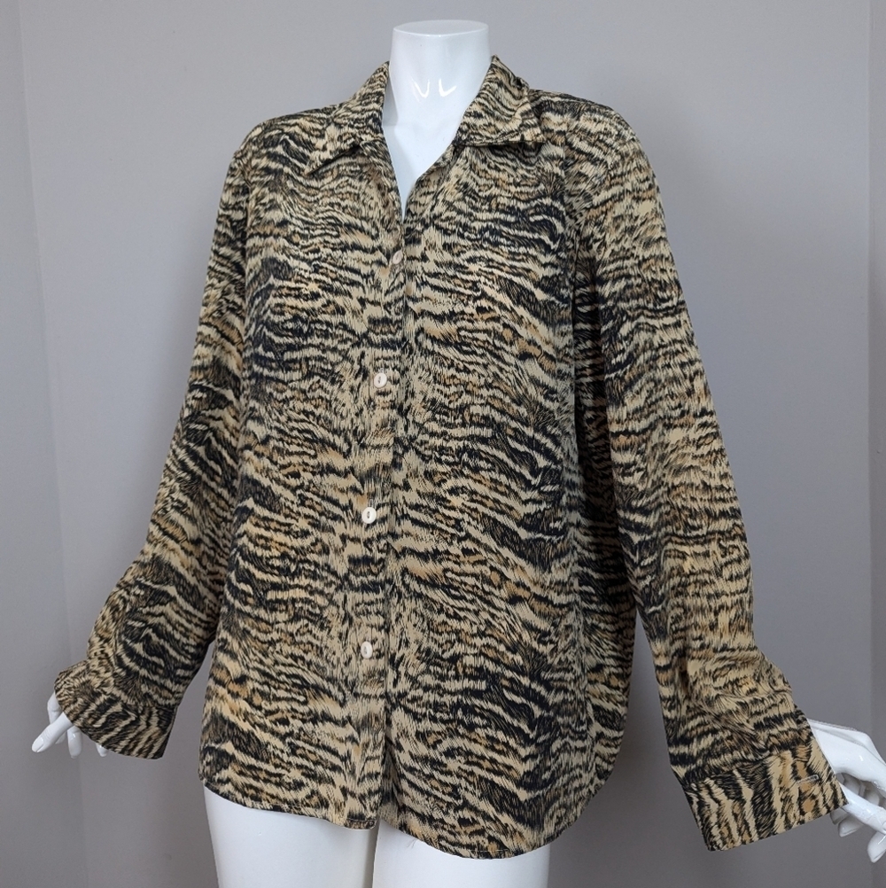 Vintage Animal Print Blouse Longline Button Down Tiger Stripe Neutral Beige Blac
